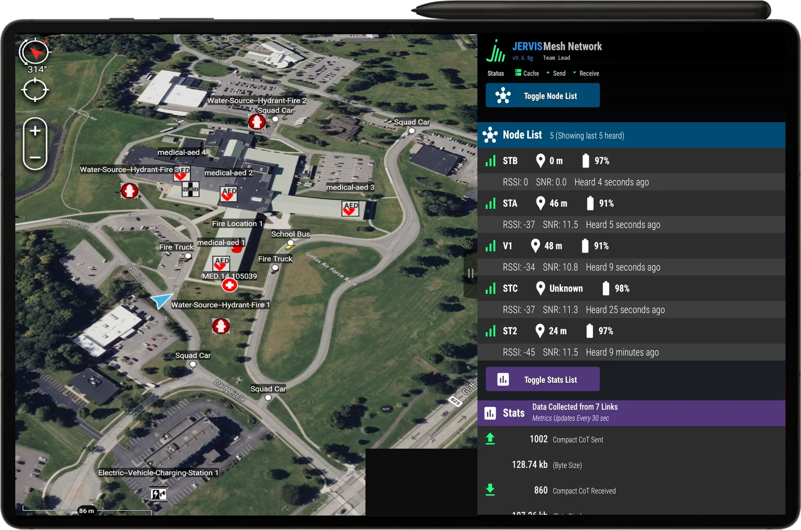 JERVIS ATAK mesh network interface displaying real-time emergency response coordination map